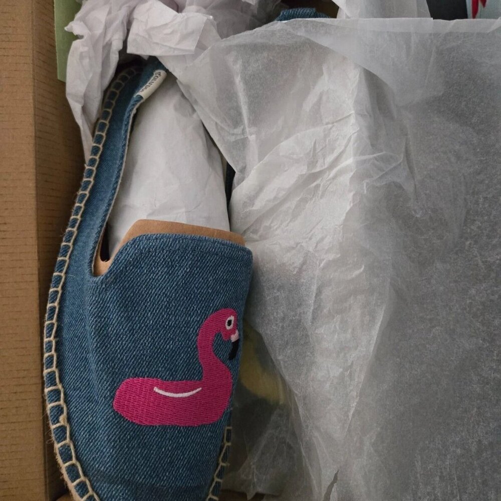 Soludos x Mary Matson Denim Embroidered Flamingo & Duck Loafers NWT Size 8
